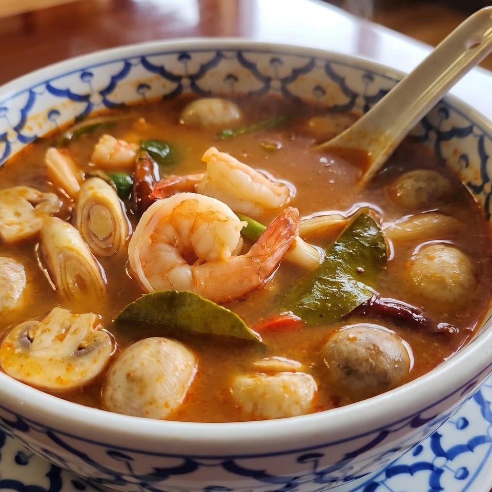 Close-up of a vibrant Tom Yum soup with shrimp, mushrooms, and lemongrass in a decorative bowl.
