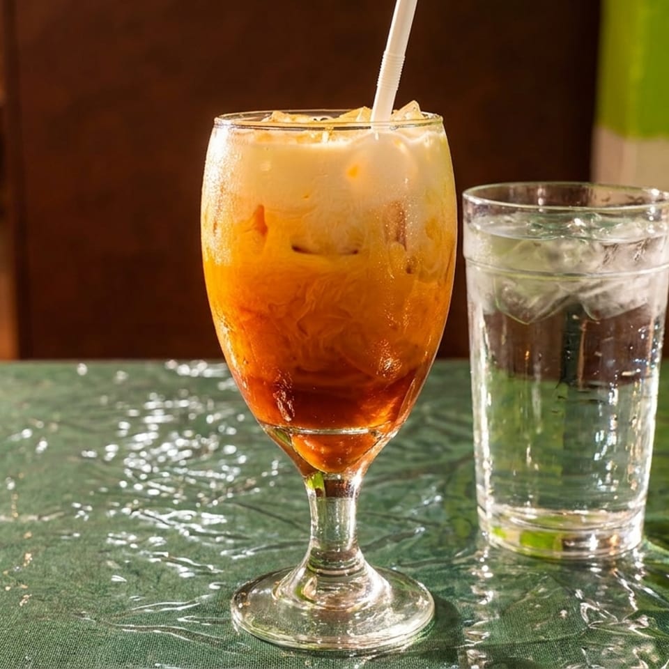 A Thai iced tea with a straw and a glass of water on a green tablecloth.